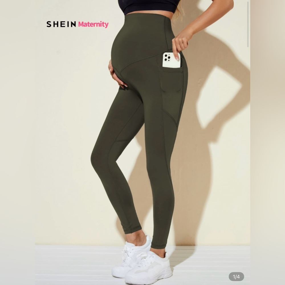 Shein Maternity Olive Army Green Workout Leggings Pants Phone Pocket Size Large